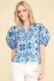 Damask V-Neck Blouse Top Pinch