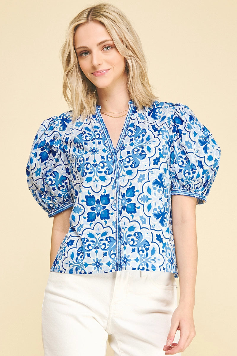 Damask V-Neck Blouse Top Pinch