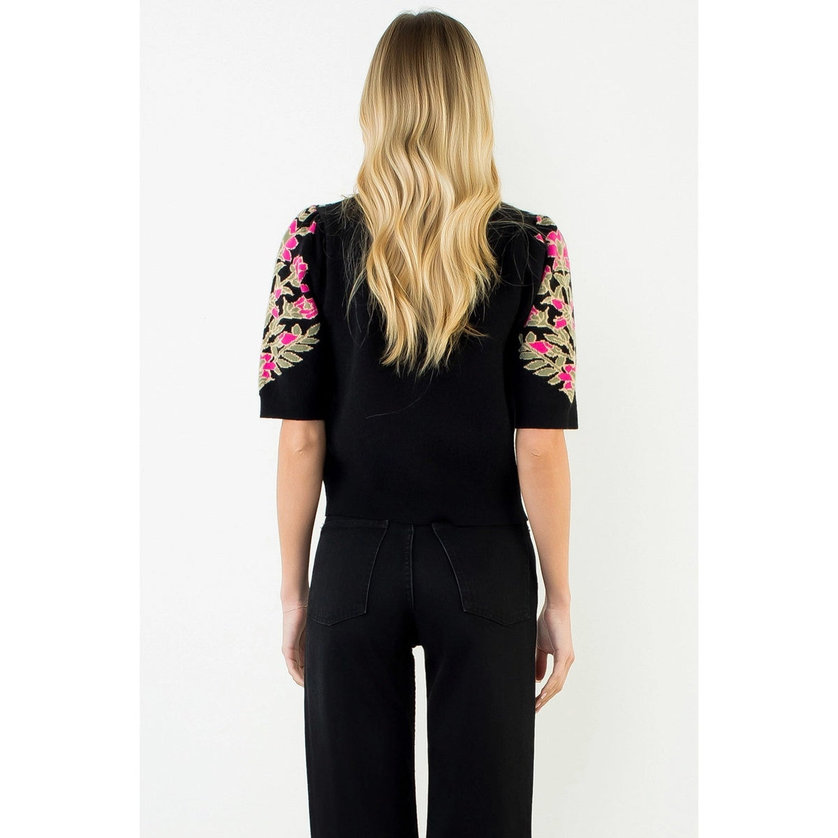 Short Sleeve Floral Pattern Sweater THML