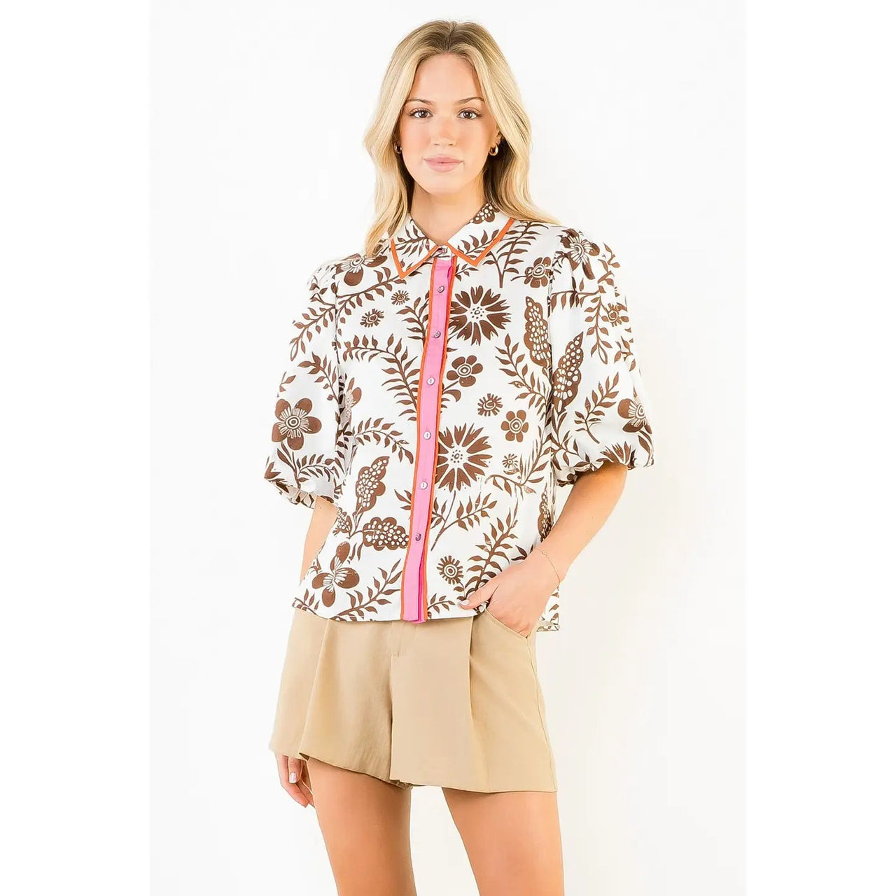 Two Tone Short Sleeve Floral Top THML