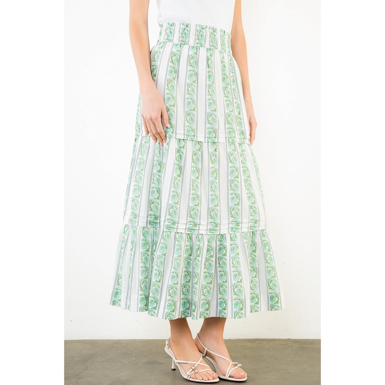 Elastic Waist Tiered Stripe Midi Skirt THML