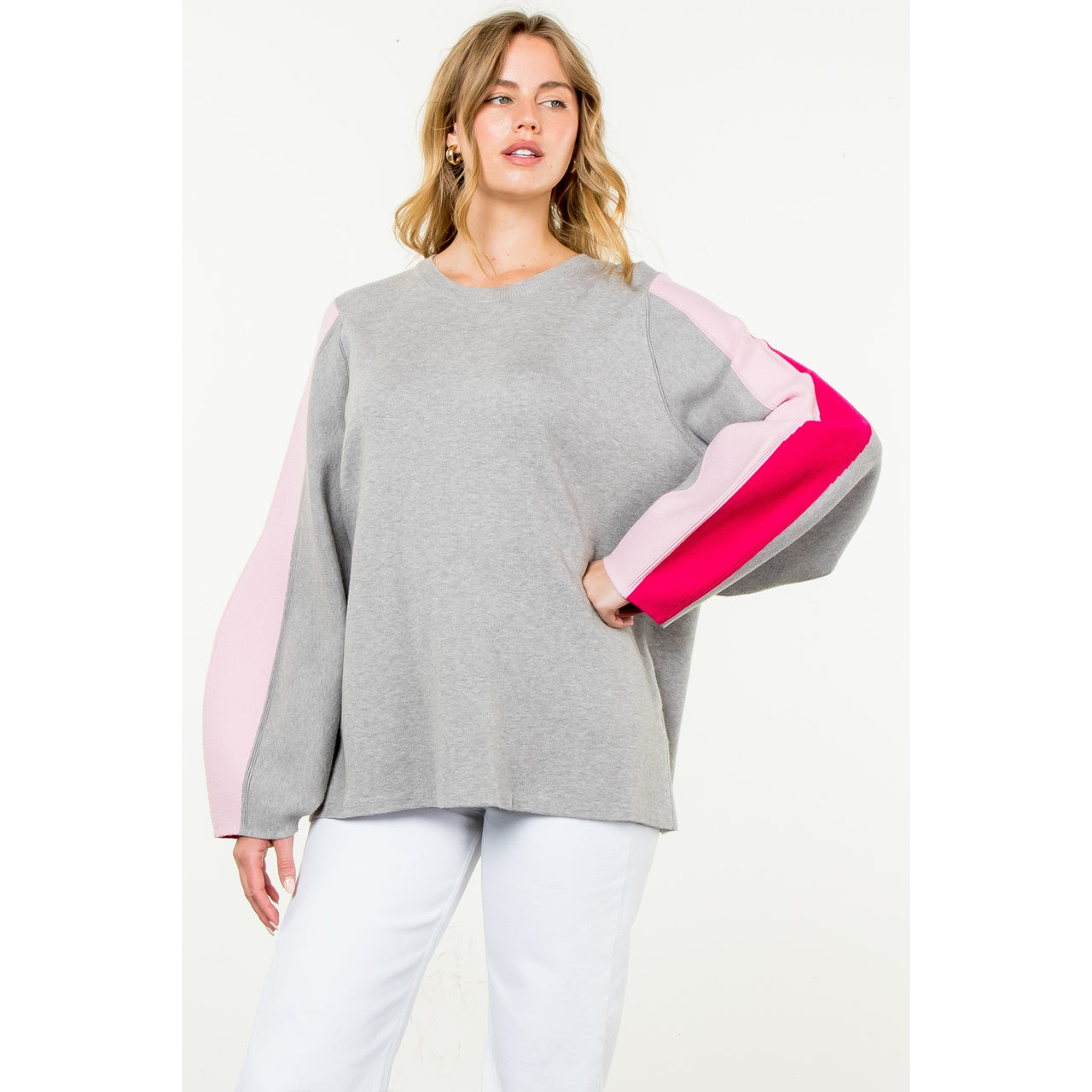 Rib Knit Colorblock Sleeve Sweater