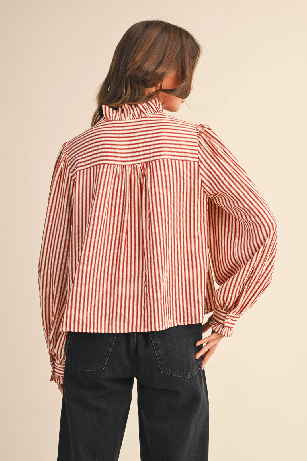 Striped Ruffled Button Down Long Sleeve Top Merci