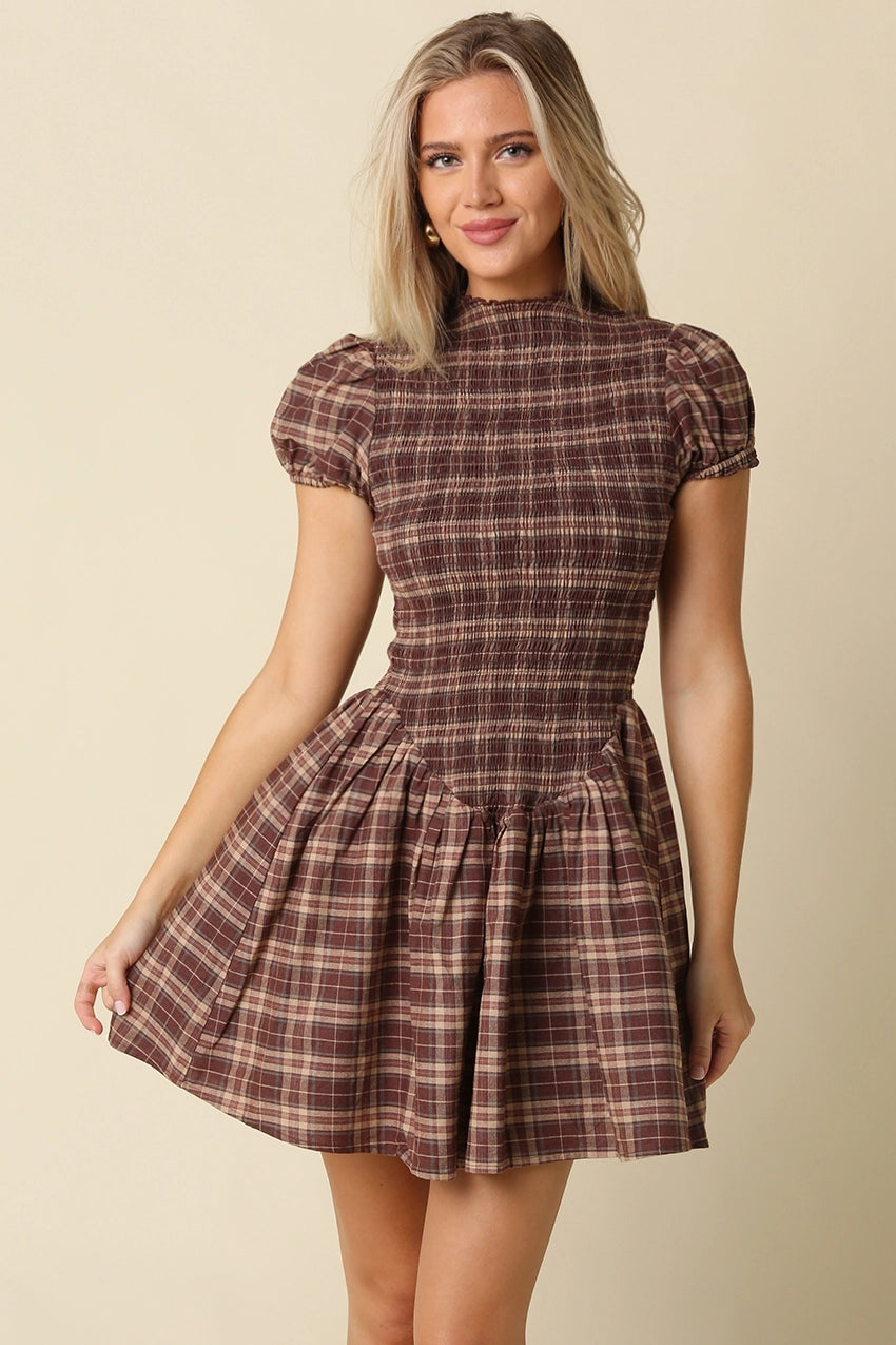 Rinsely Plaid Smocked Mini Dress Olivaceous