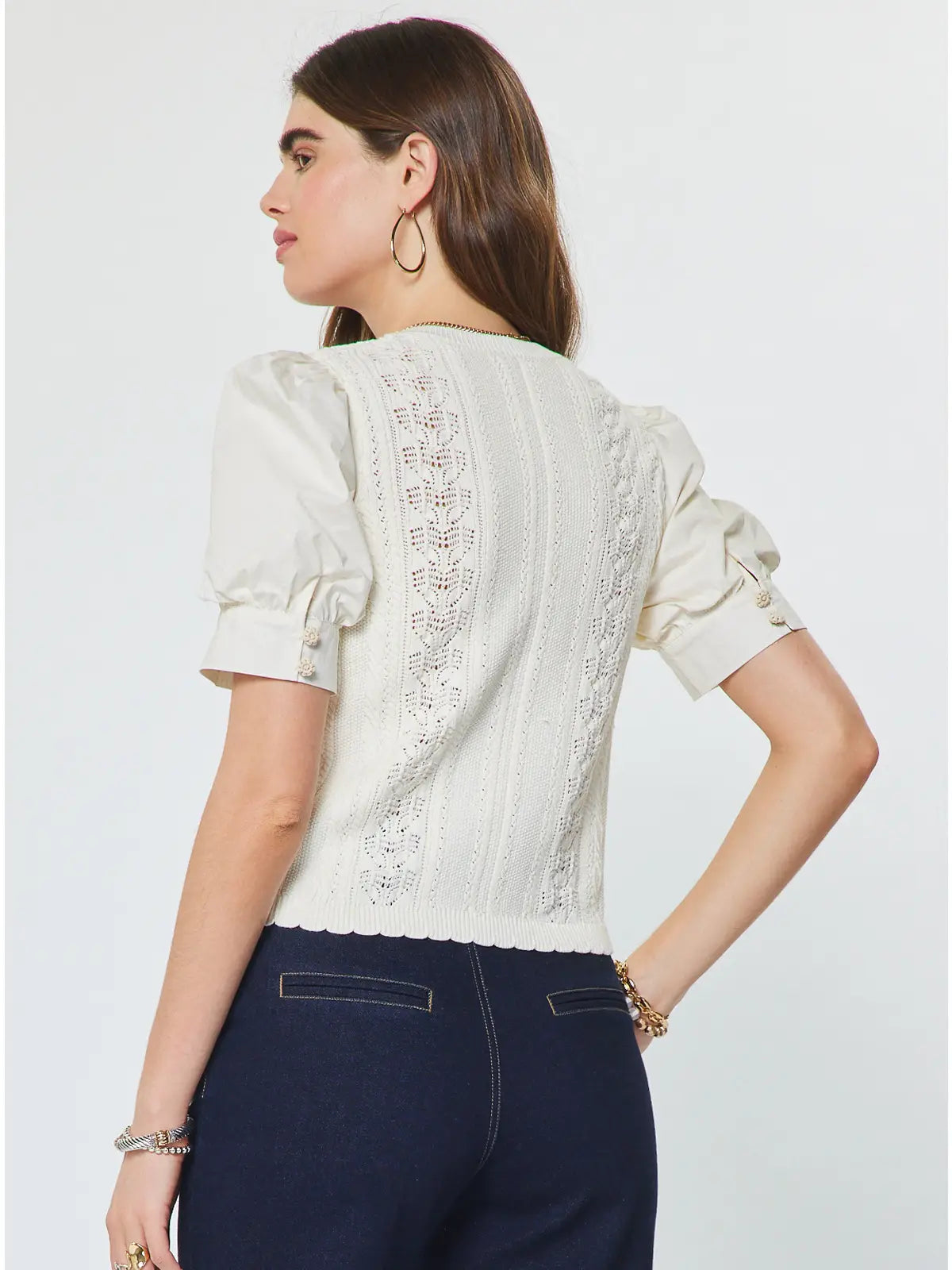Woven Puff Sleeve Button Down Sweater Current Air