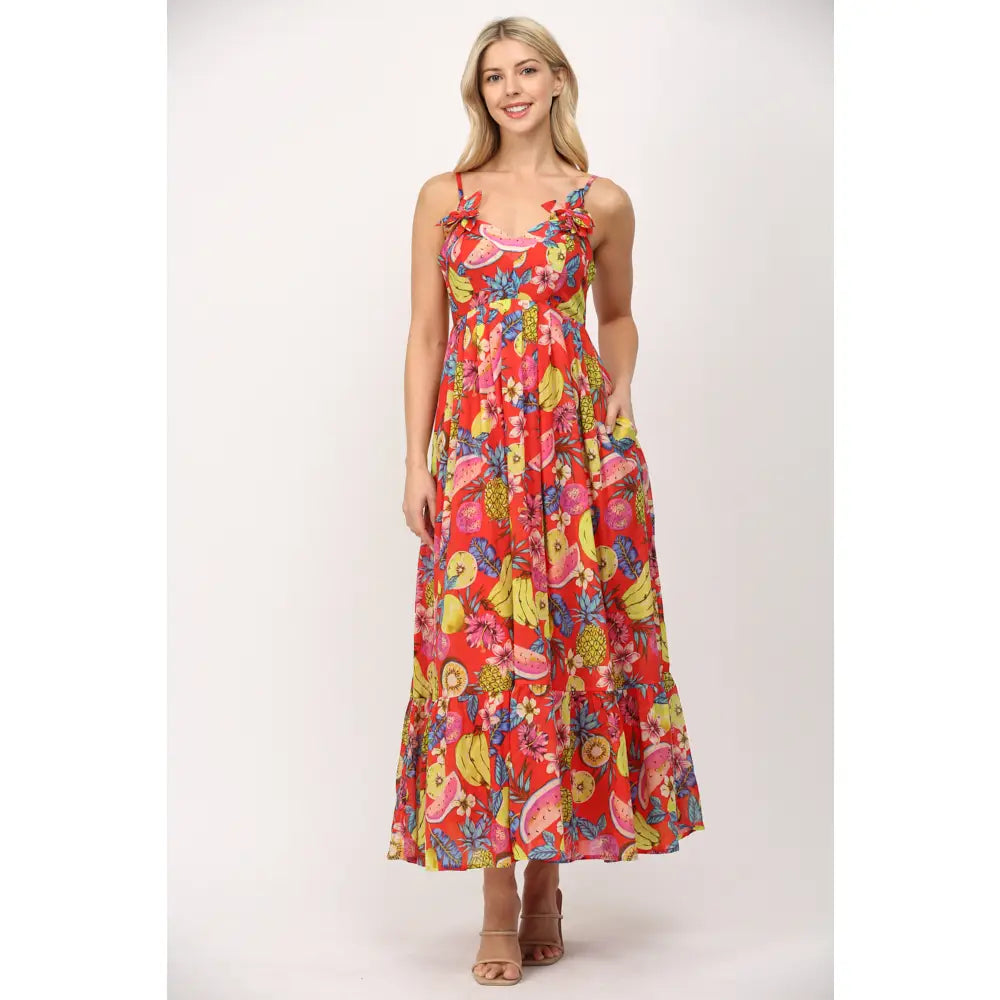 Fruit Print Cotton Voile Floral Trimmed Maxi Dress