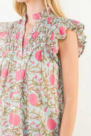 Roxanne Flutter Sleeve Floral Detail Button Up Top THML