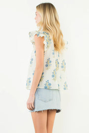 Roxanne Flutter Sleeve Floral Detail Button Up Top THML