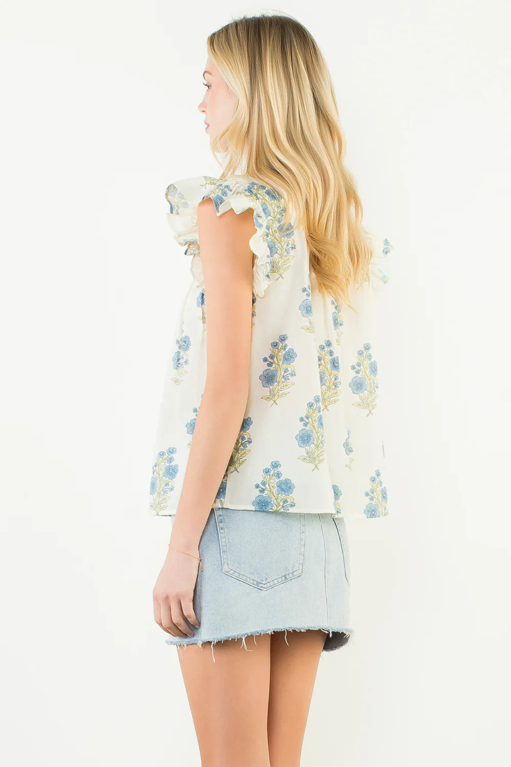 Roxanne Flutter Sleeve Floral Detail Button Up Top THML