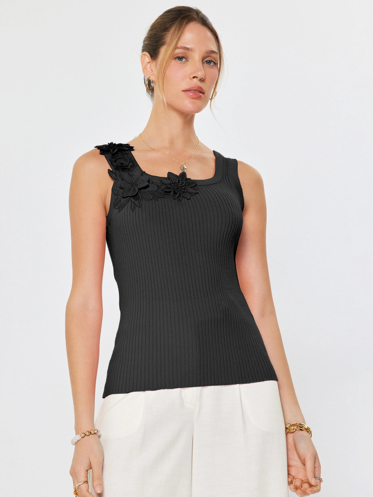 Floral Accent Ribbed Tank Top Current Air