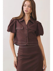 Contrast Stitch Puff Sleeve Cropped Top TCEC