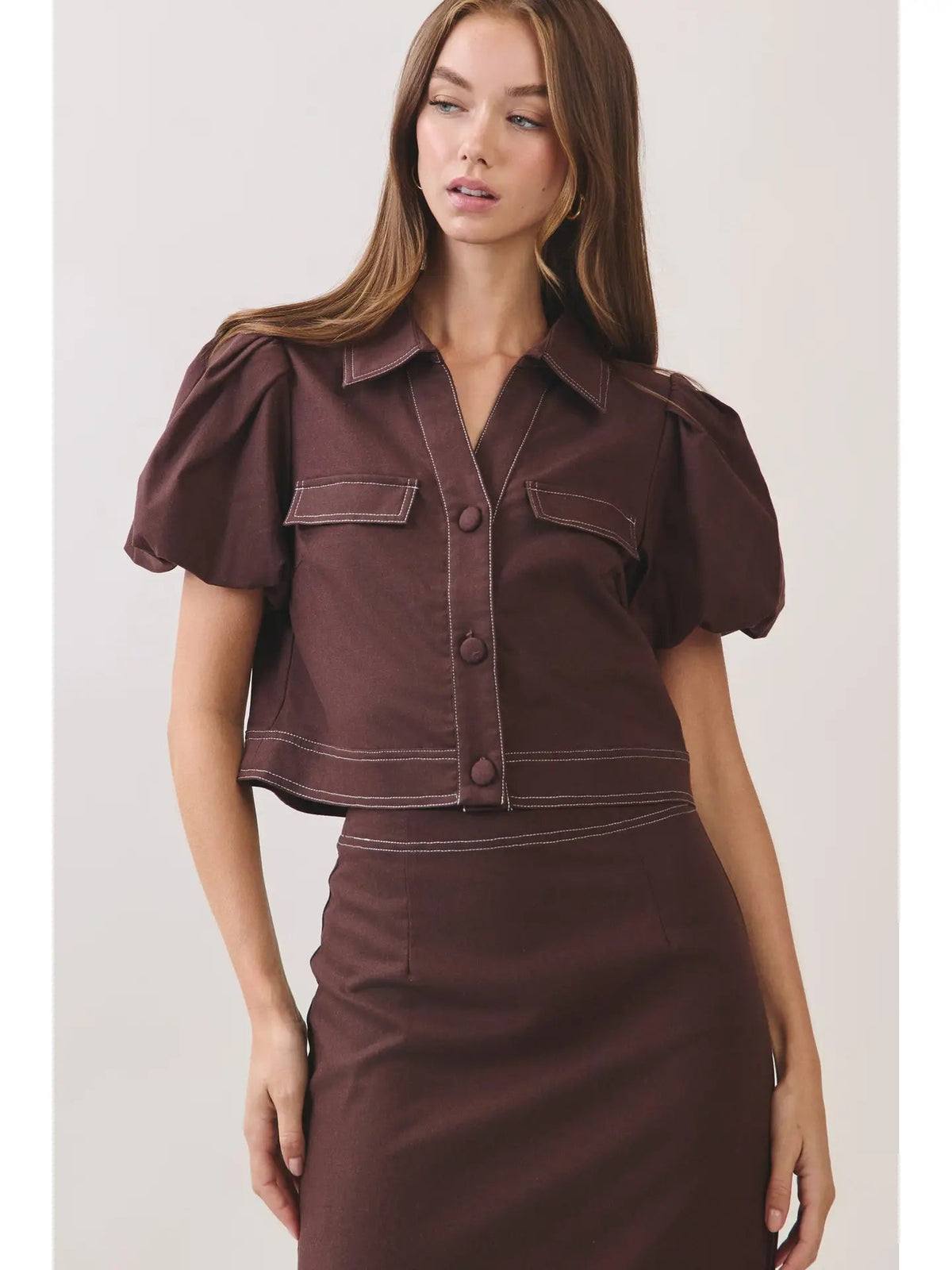 Contrast Stitch Puff Sleeve Cropped Top TCEC