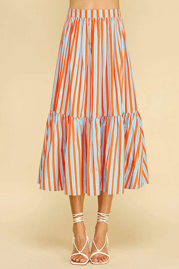 Stripe Tiered Midi Skirt Pinch