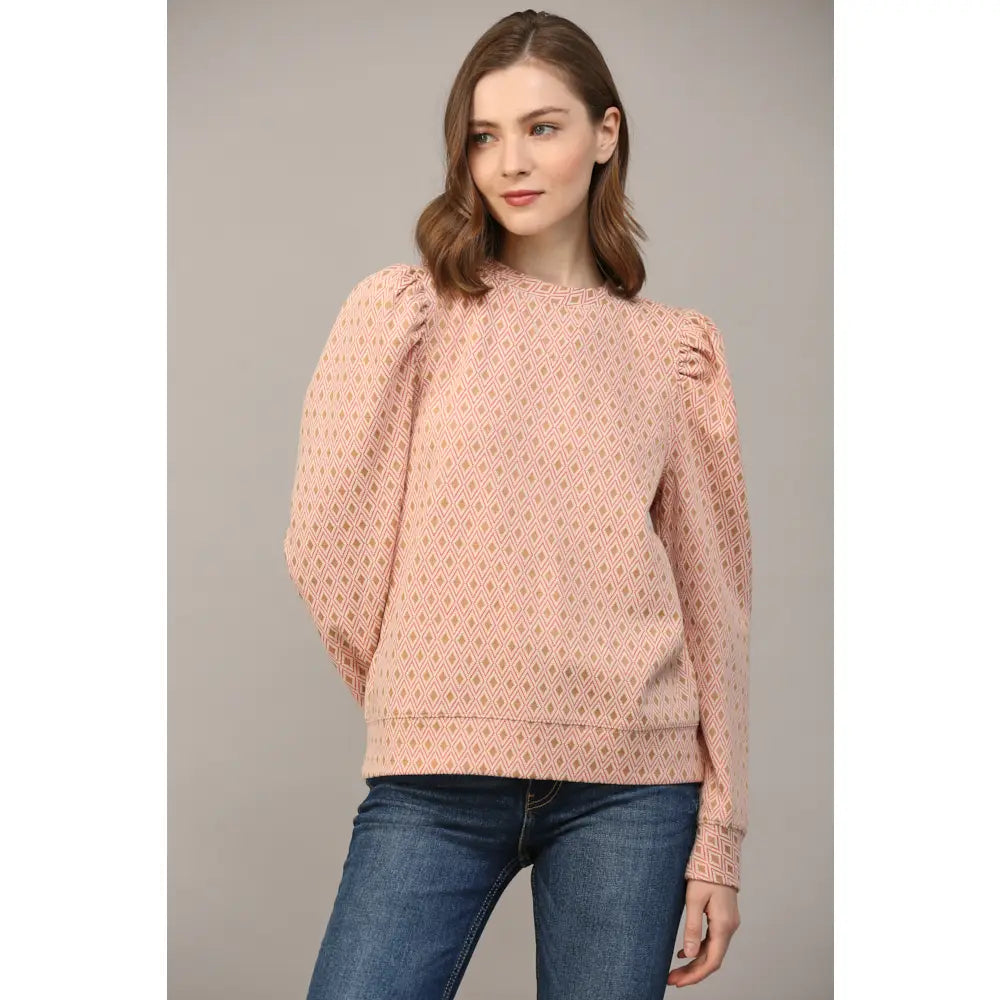 Geo Pattern Jacquard Knit Puff Sleeve Top