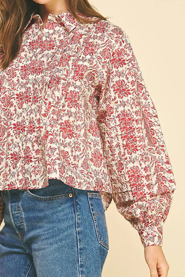 Floral Print Pleat Detail Shirt Pinch