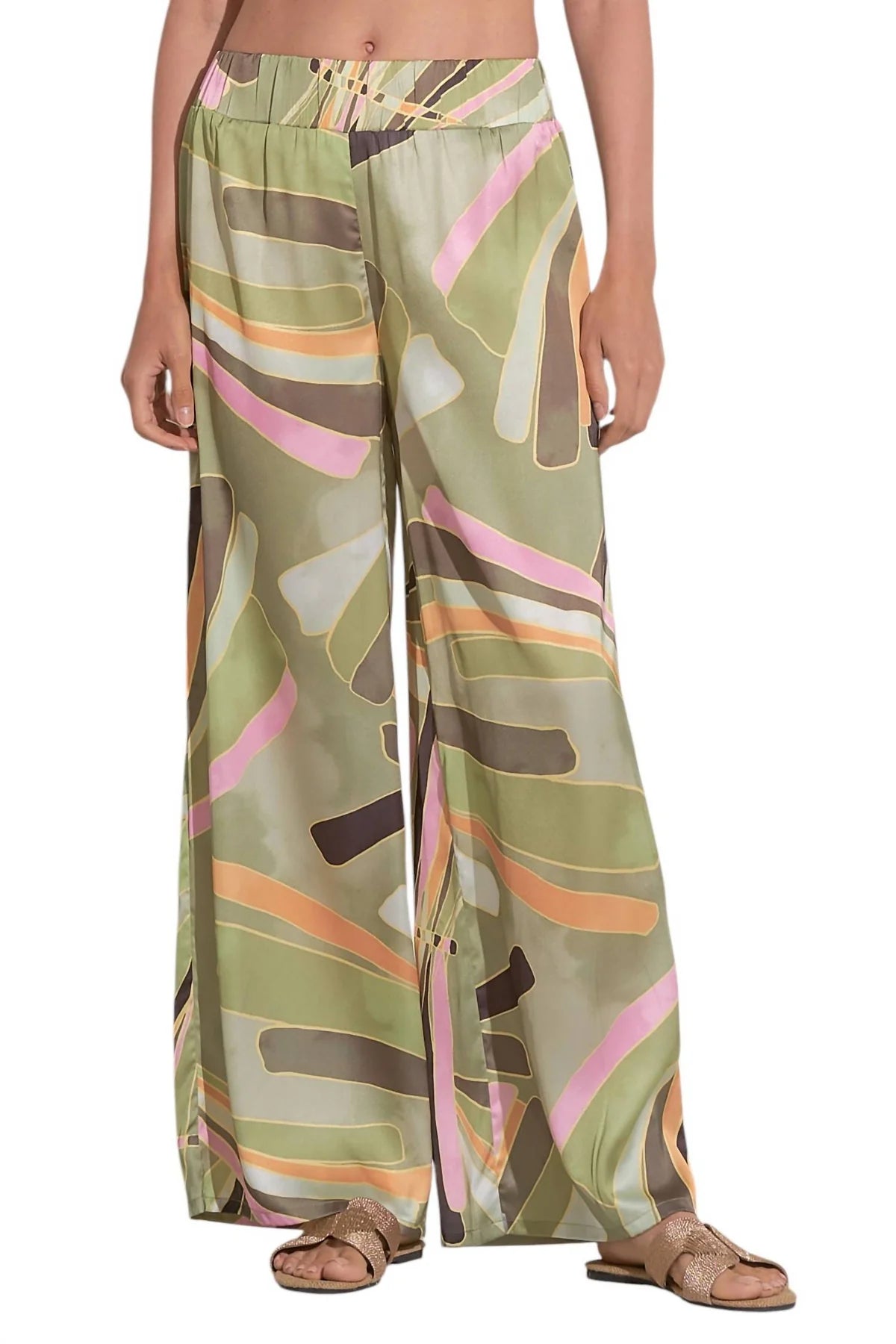 Coordinating Print Elastic Waistband Side Slit Pull-On Wide Leg Pants