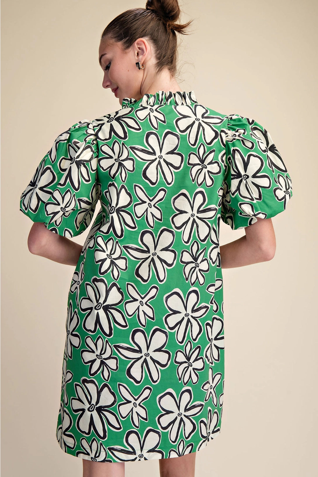 Ruffle Neck Puff Sleeve Floral Mini Dress Glam