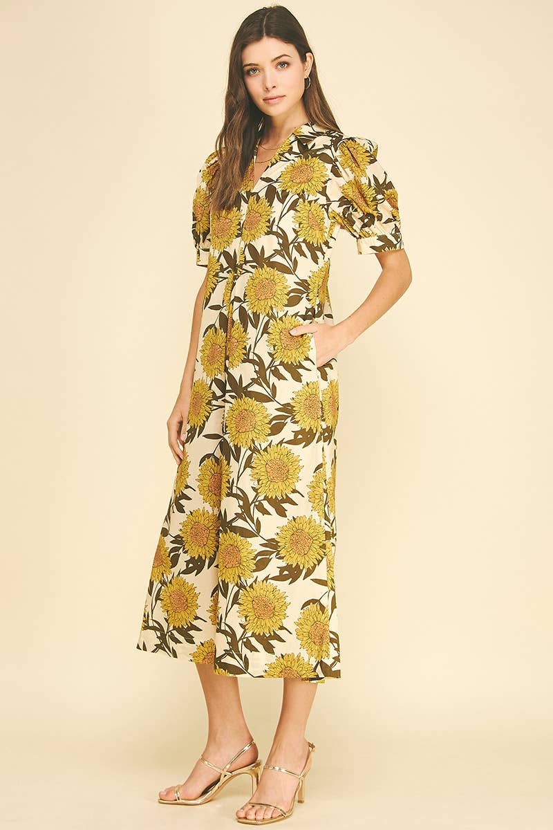 Golden Sunflower Puff Sleeve Midi Dress Pinch