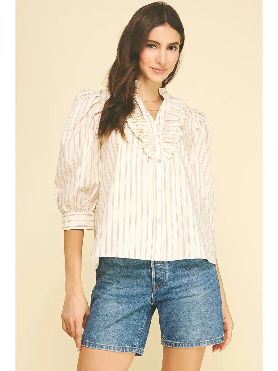 Striped Ruffled Collar Puff Sleeve Blouse Pinch