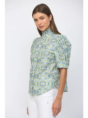 Puff Short Sleeves Ruffle Neck Button Down Top Fate