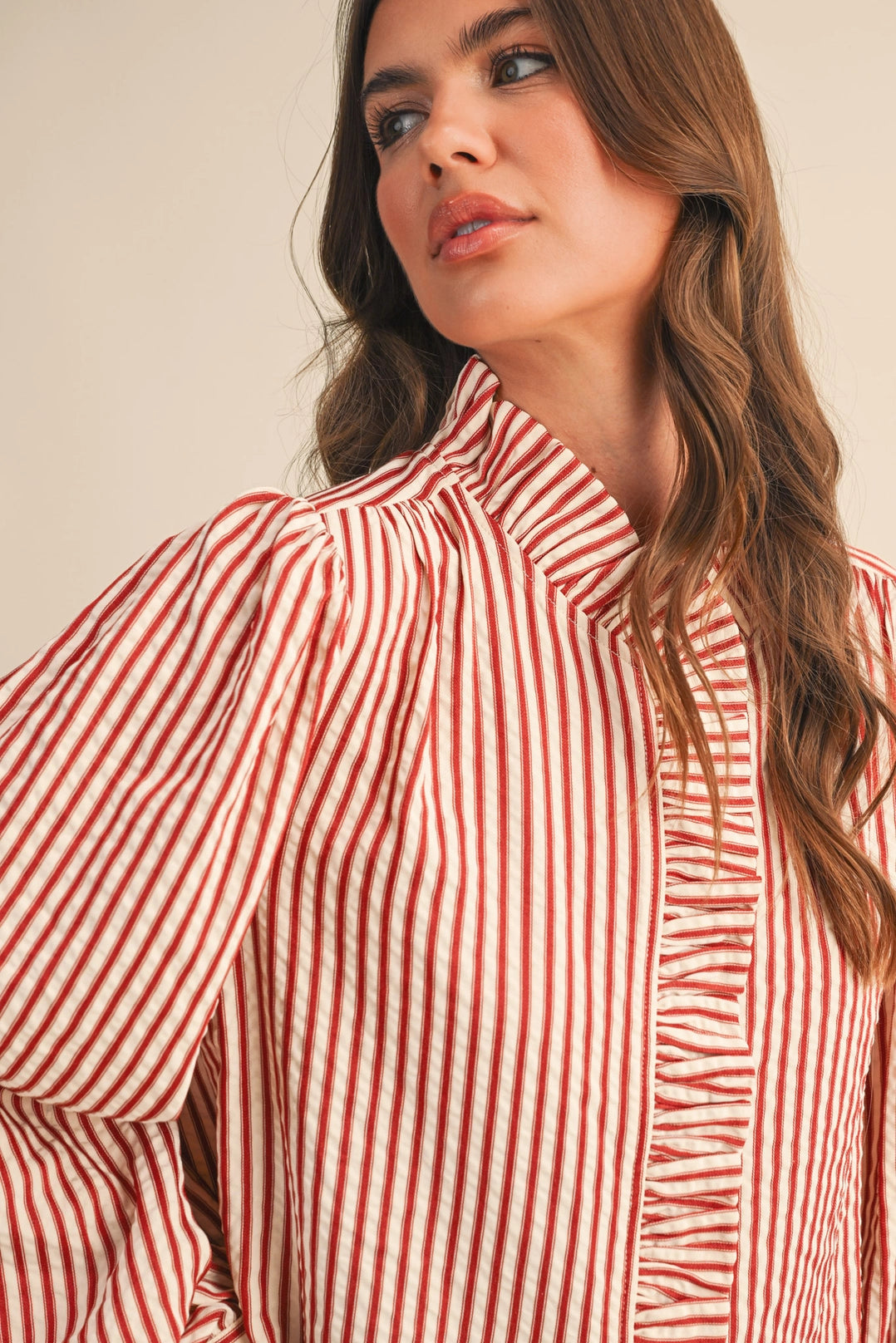 Striped Ruffled Button Down Long Sleeve Top Merci