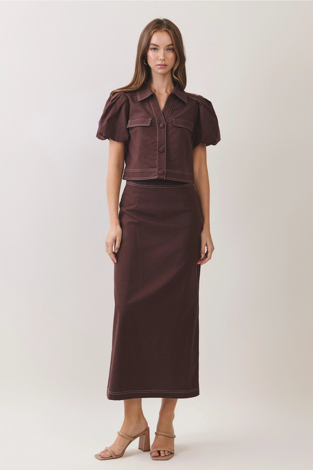Contrast Stitch Puff Sleeve Cropped Top TCEC