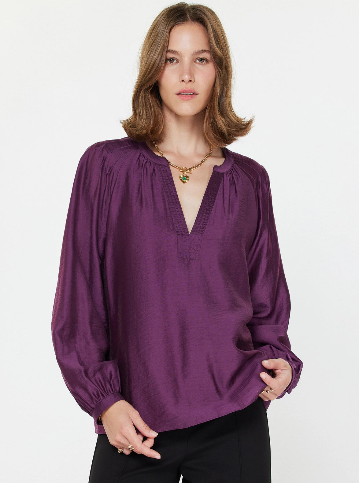Long-Sleeve Split Neck Blouse Current Air