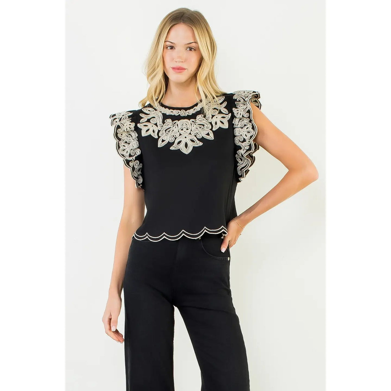 Flutter Sleeve Cropped Embroidery Top THML