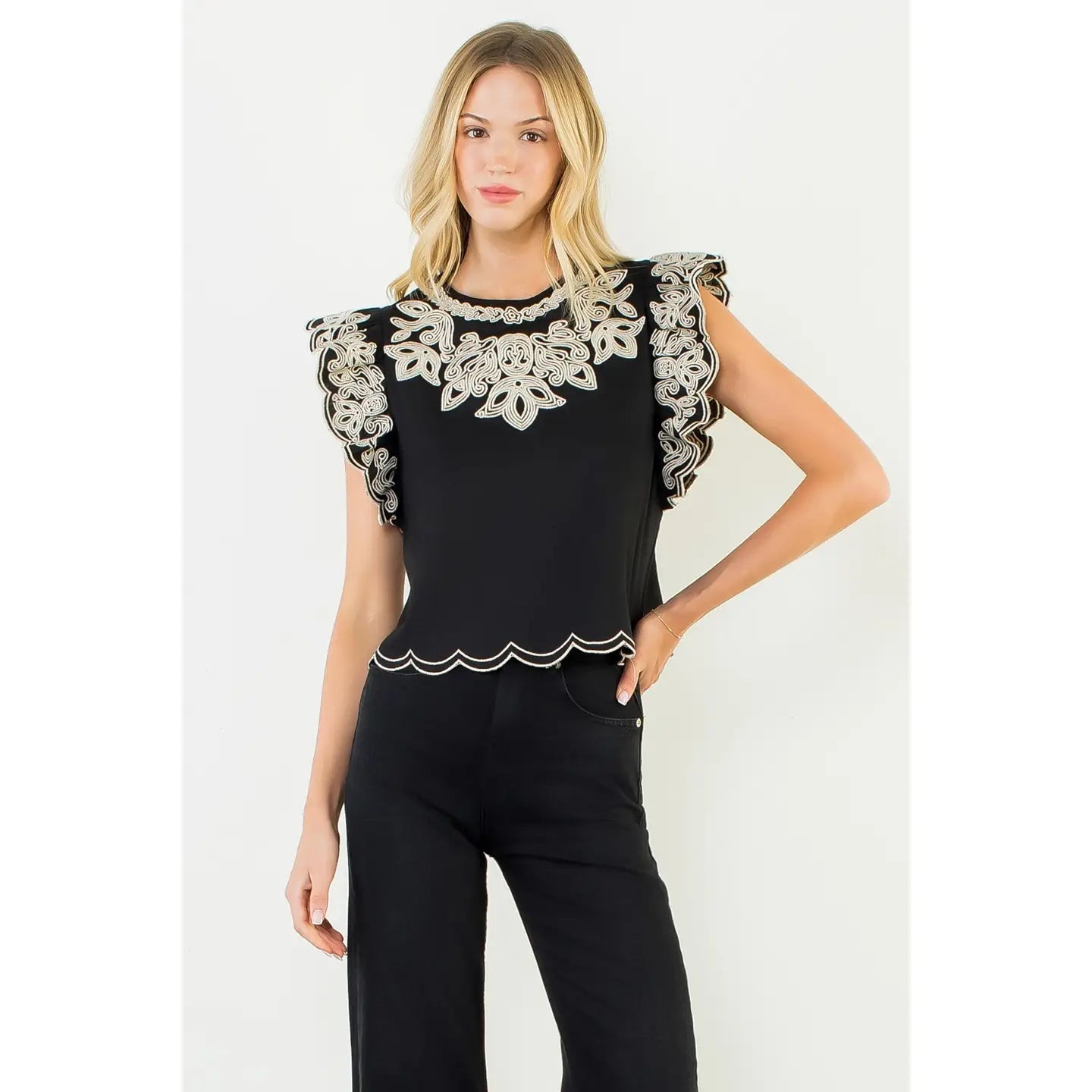 Flutter Sleeve Cropped Embroidery Top THML