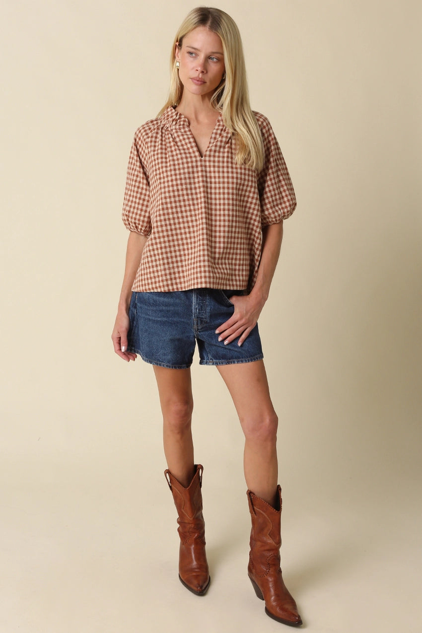 Alex Gingham Split Neck Blouse Olivaceous