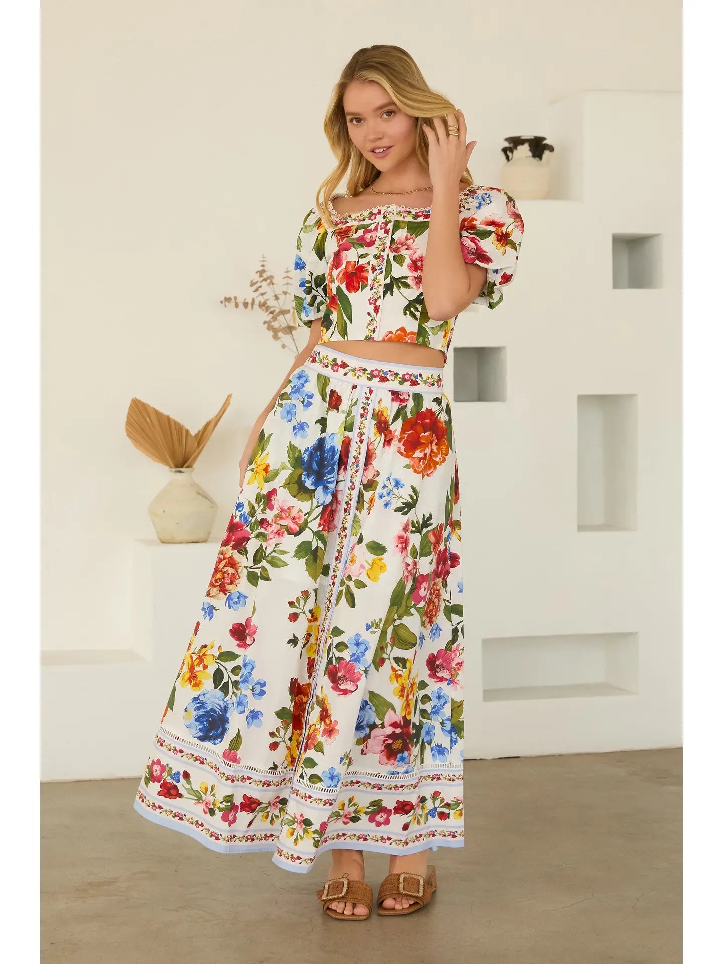 Floral Border Print Midi Skirt Skies are Blue