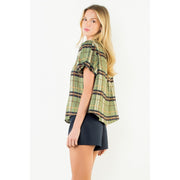 Ruffled Neck Plaid Top THML