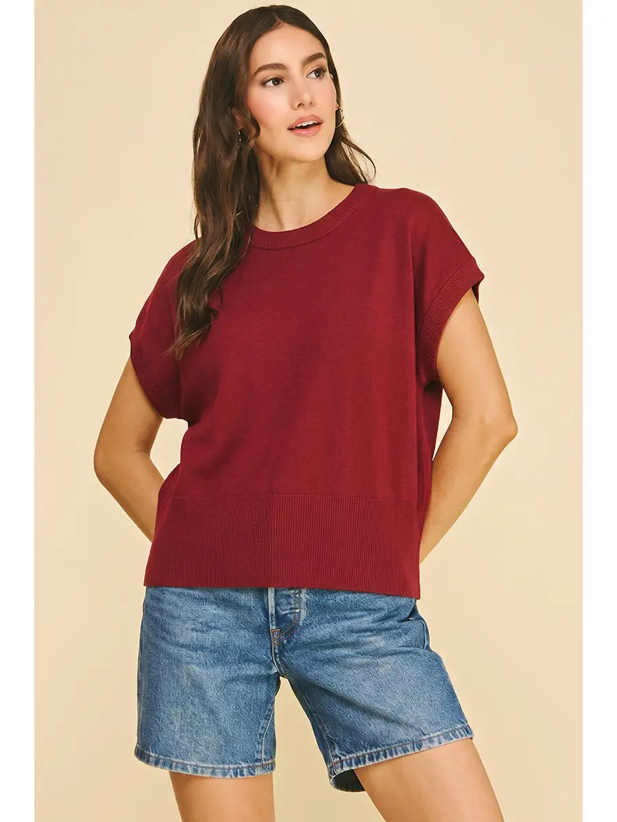 Solid Cap Sleeve Knit Top Pinch
