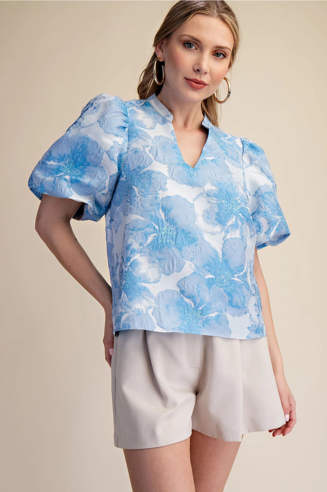 V-Neck Puff Sleeve Jacquard Top Glam