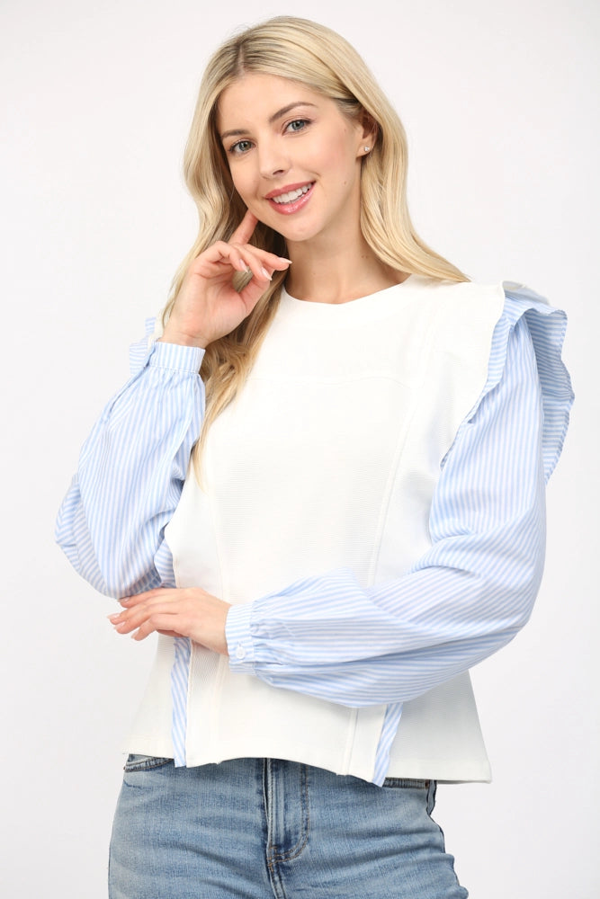 Contrast Stripe Ruffle Long Sleeve Top