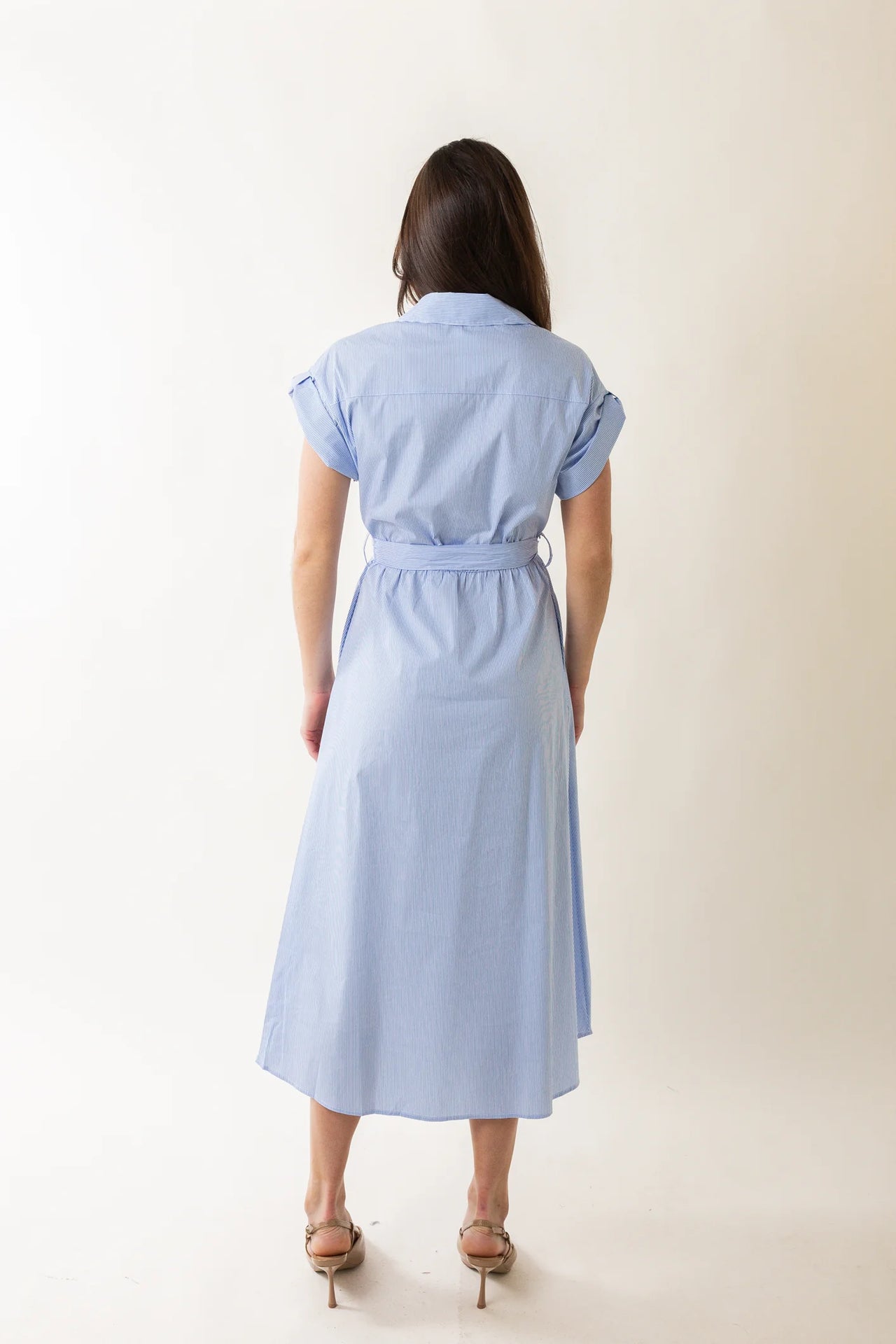 Midi Short Sleeve Collared Blue Stripe Dress