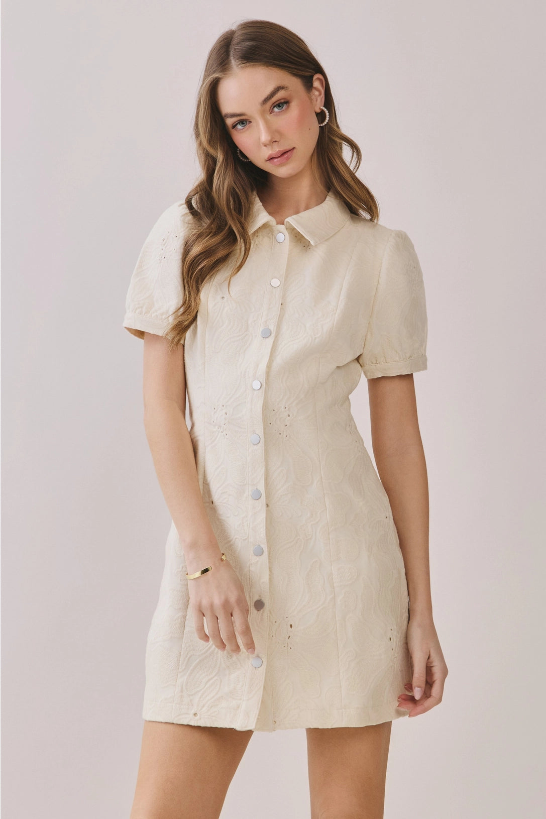 Textured Fabric Button Down Mini Dress TCEC