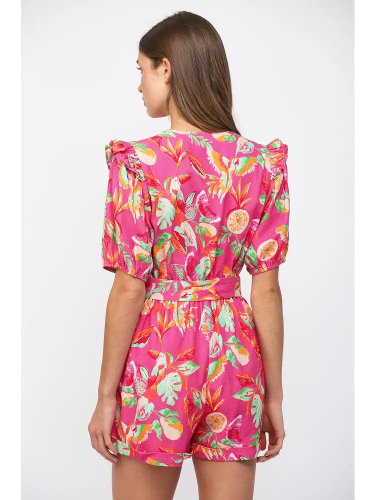 Botanical Print Lace Insert Belted Romper Fate