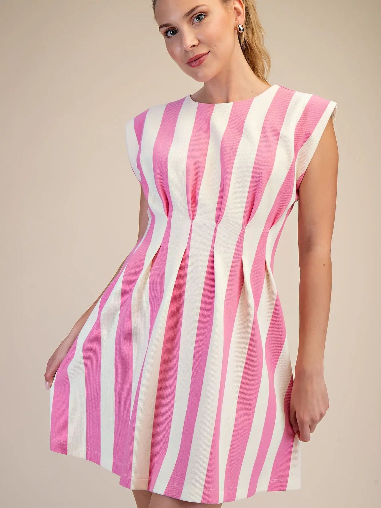 Round Neck Waist Pleated Mini Dress Glam