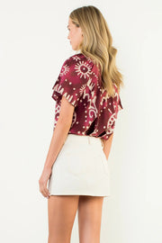 Short Sleeve Print Tie Tassel Top THML