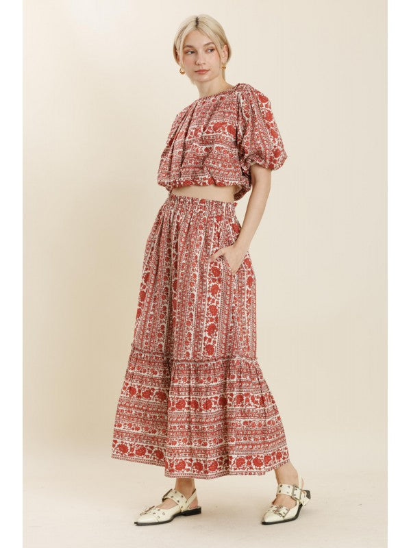 Striped Floral Midi Skirt Aureum