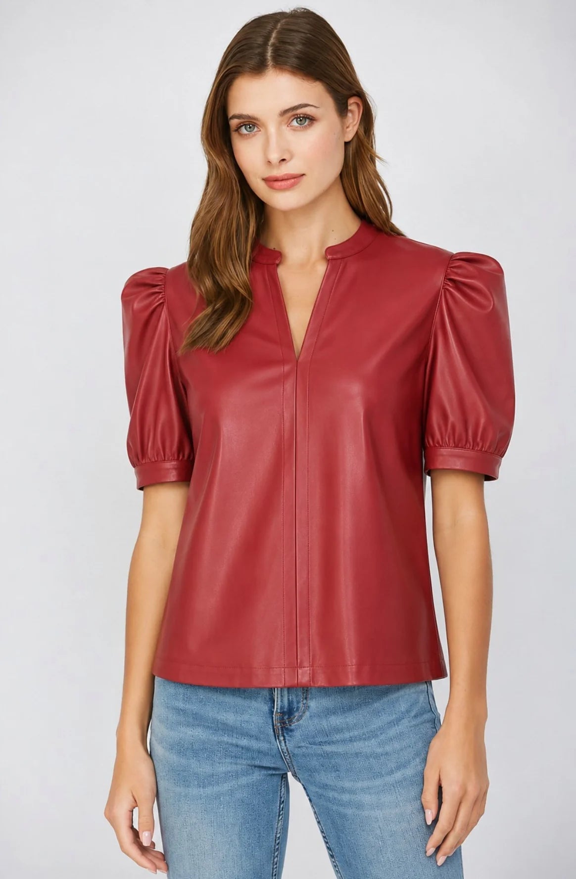 Split Neck Faux Leather Top Fate