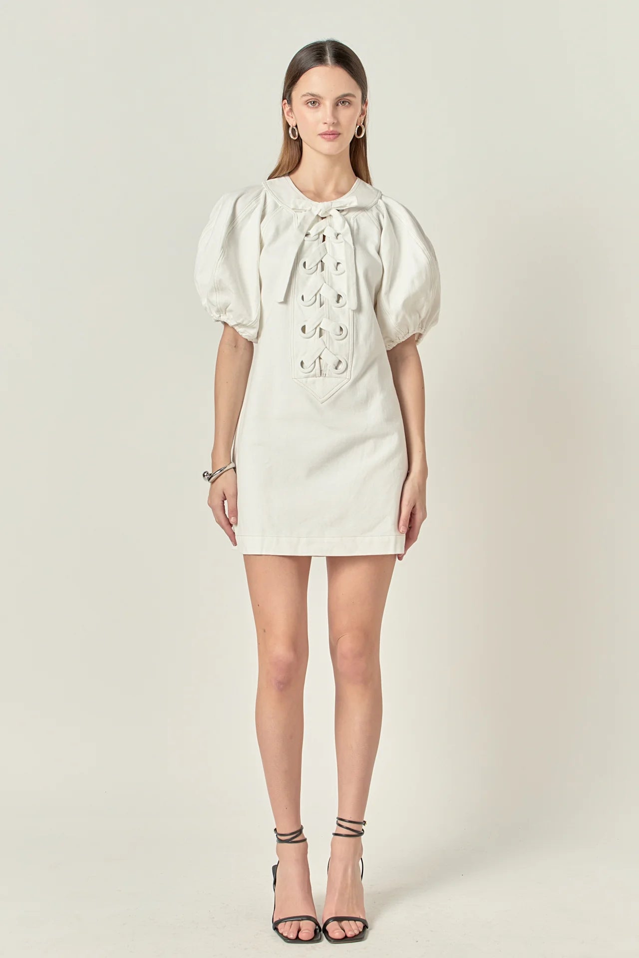 Laced Up Puffed Sleeve Mini Dress