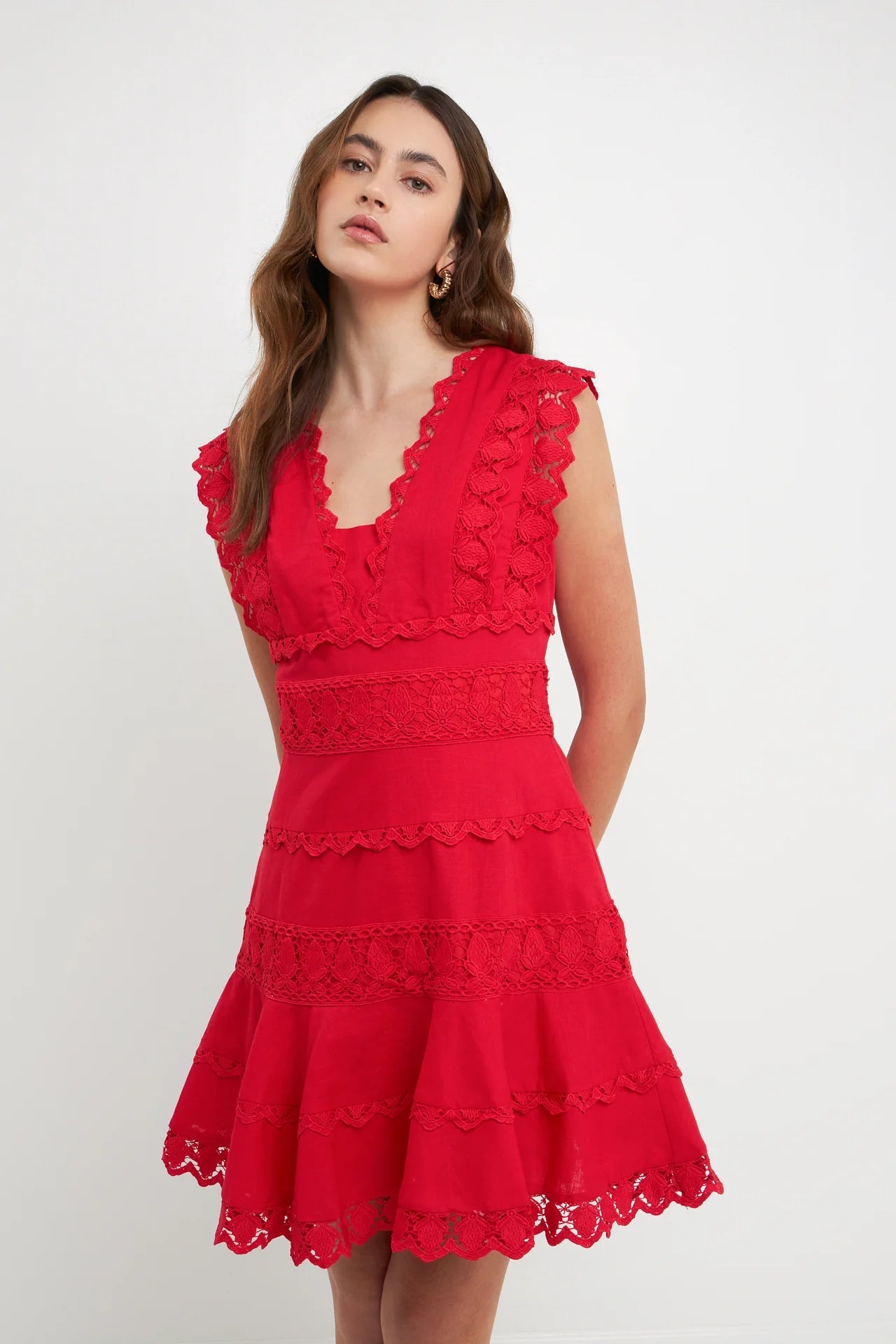 Plunging Neck Lace Trim Mini Dress English Factory