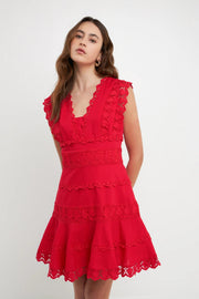 Plunging Neck Lace Trim Mini Dress English Factory