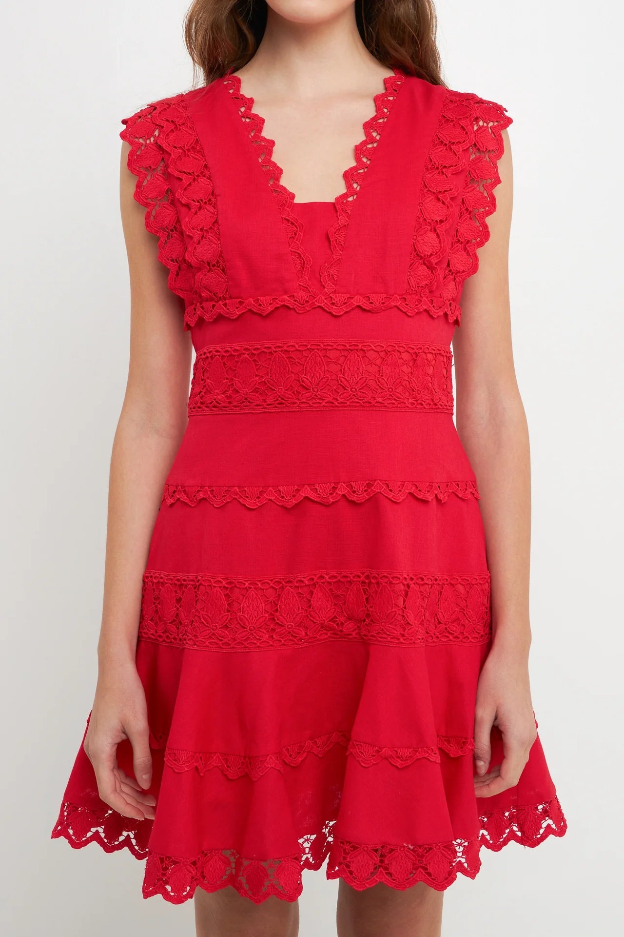 Plunging Neck Lace Trim Mini Dress English Factory