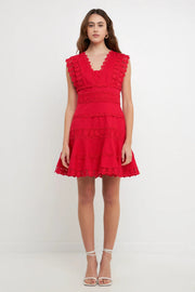 Plunging Neck Lace Trim Mini Dress English Factory