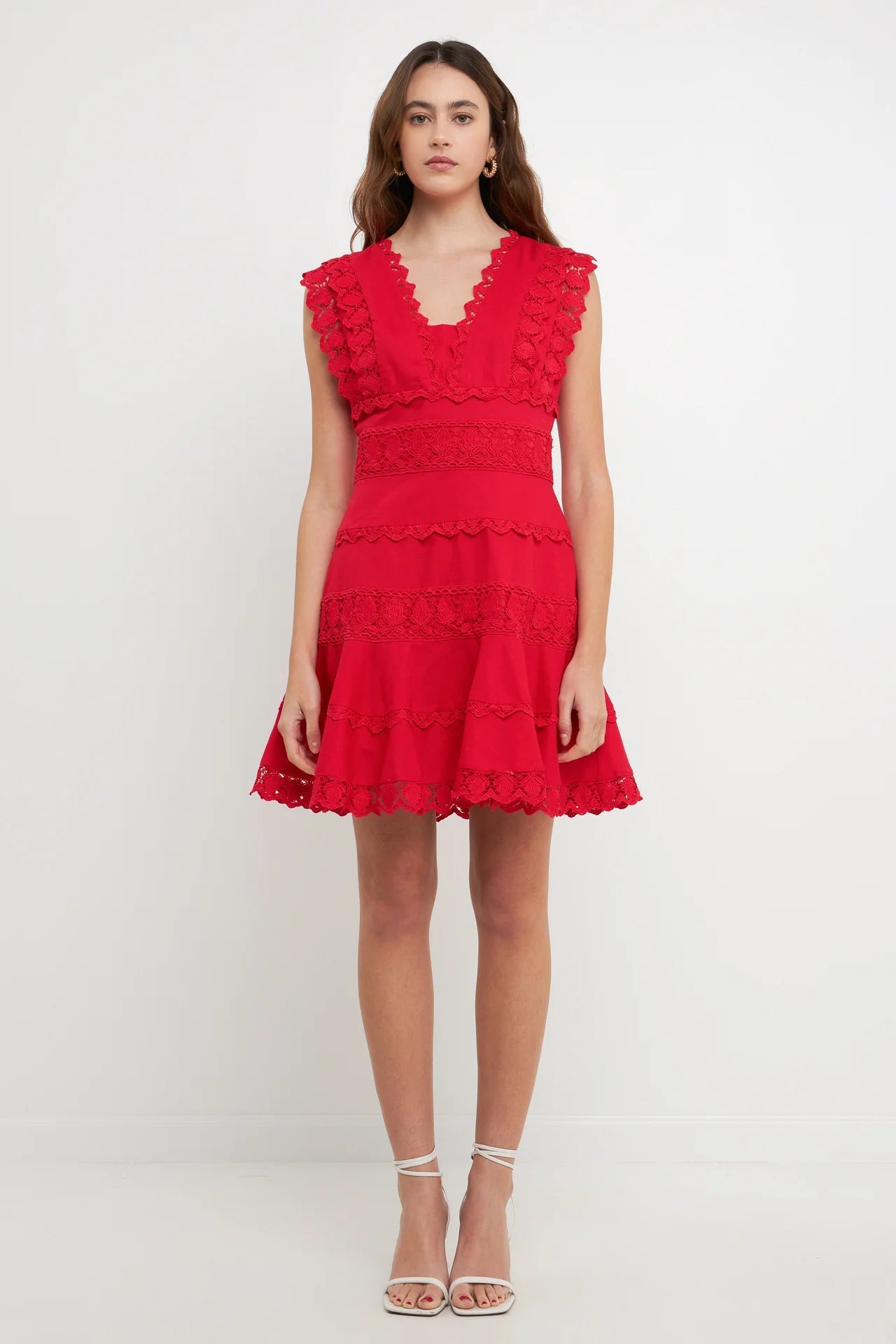 Plunging Neck Lace Trim Mini Dress English Factory