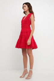 Plunging Neck Lace Trim Mini Dress English Factory