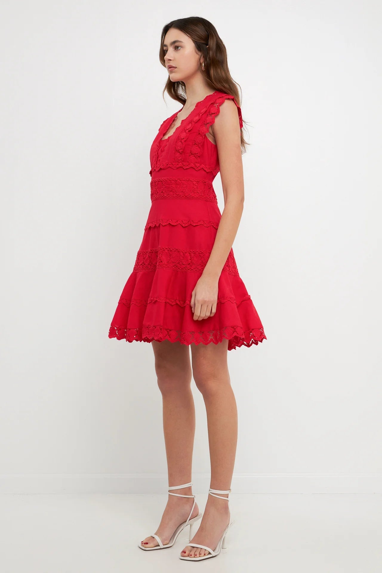 Plunging Neck Lace Trim Mini Dress English Factory